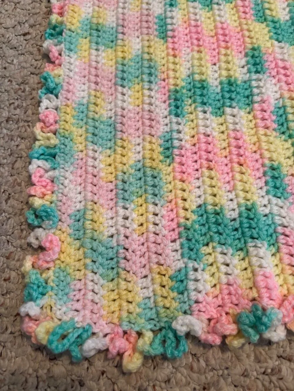 Handmade Multicolored Crochet Baby Blanket With Ruffled Edge Pink Yellow Green &